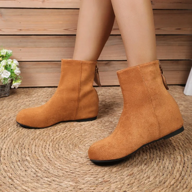 شتاء 2025 جديد الجلد المدبوغ المرأة عودة سستة الأحذية الإناث موضة منتصف الكعب الدافئة حذاء من الجلد أحذية مريحة في الهواء الطلق للنساء