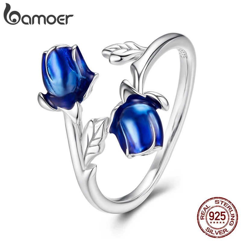 BAMOER 925 Sterling Silver Rose Open Ring with Blue Enamel, 3D Flower Finger Ring for Women Girl Engagement Pure Love Lucky Gift