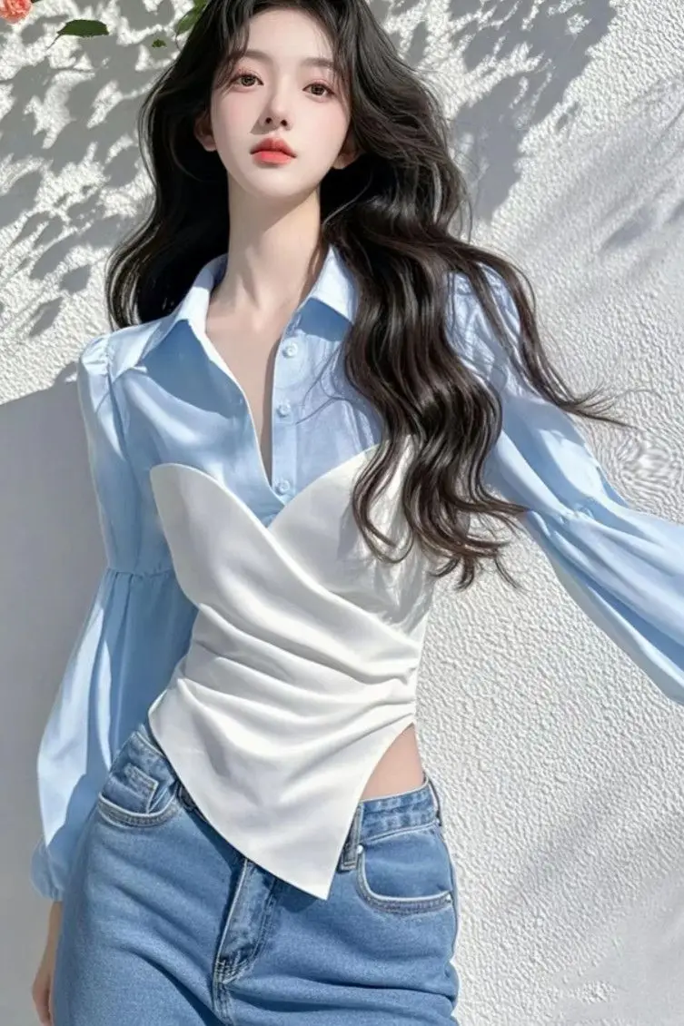 

Slim Crop Tops Contrast Color Shirts & Blouses Blusas Korean Fashion Turn Down Collar Shirts 2025 Camisas De Mujer OL