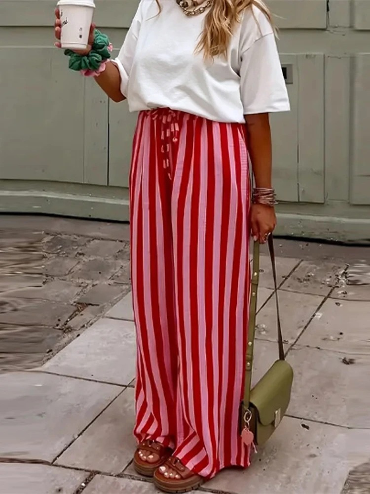 Loose Striped Long Pants Women Fashion Elastic Waist Lace Up Wide Legs Holiday Beach Trousers 2026 Summer Lady All-match Bottoms