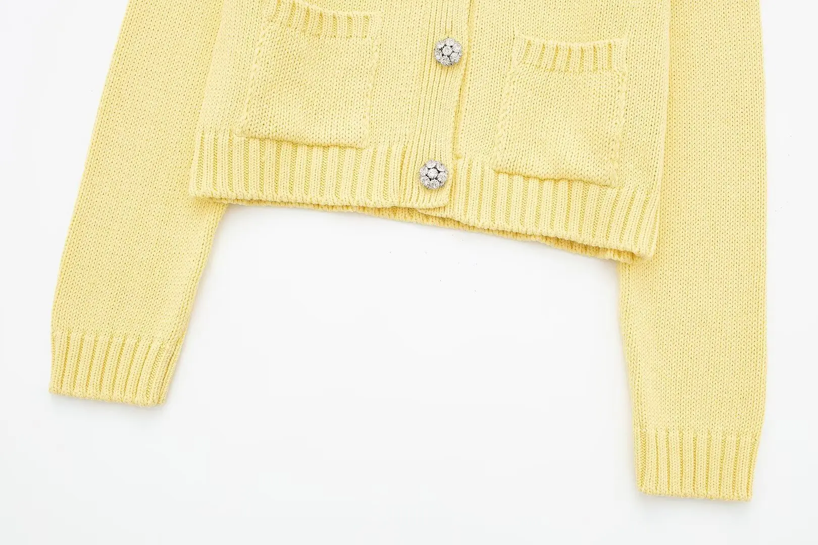 Tangada 2024 Women Yellow Beading Crop Knit Cardigan Sweaters Turn Down Collar Long Sleeve Female Outerwear 3H0440