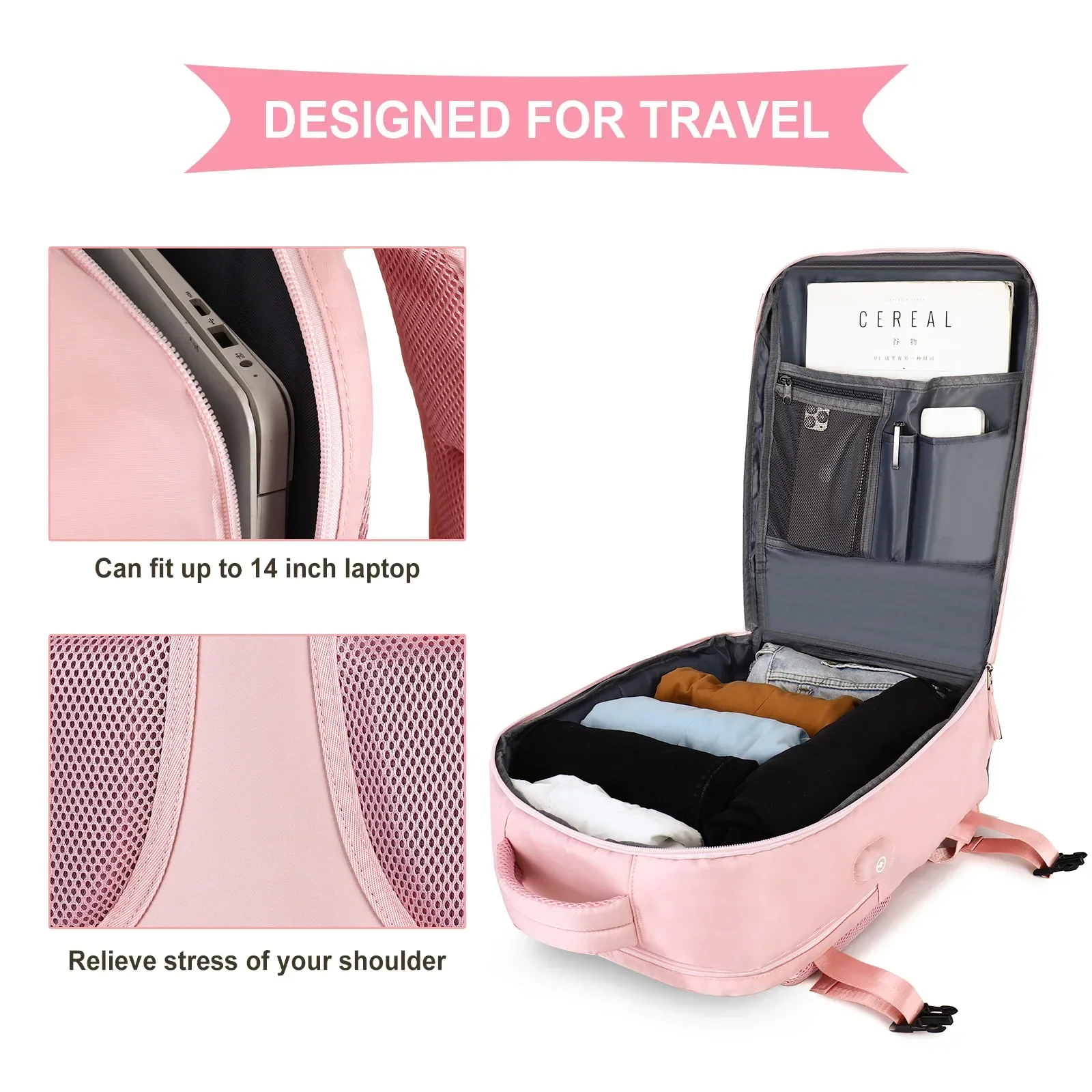 Pink Travel Backpack Women Airplane Large Capacity Multi-Function Luggage Lightweight Waterproof USB Charging Bag Sports Bagpack