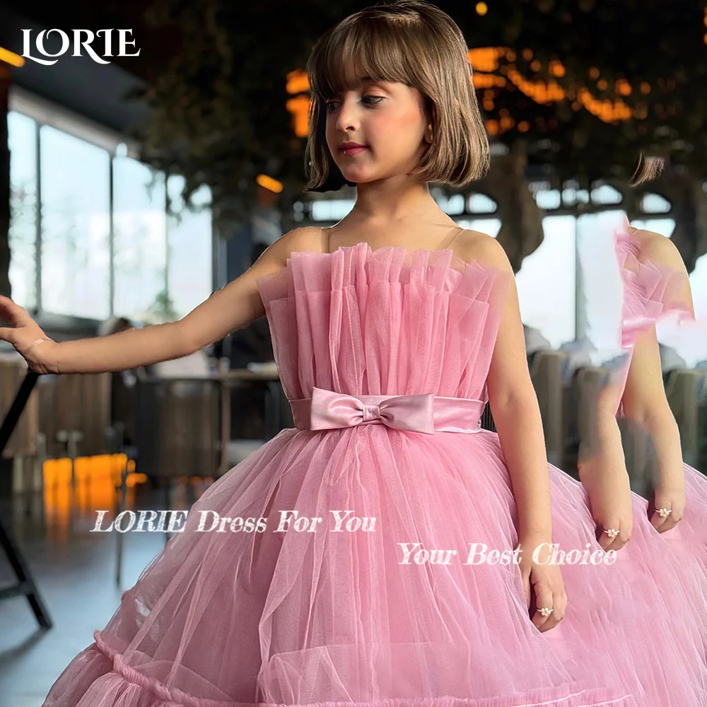 LORIE Girl Peony Lace Back A-Line Straight Ball Bow Strapless Tulle Party Flower Girl Dress Csustomized Flowers Girls Dress