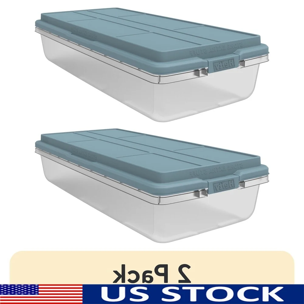 

2 Pack 63 Quart Clear Storage Bins with Smoke Blue HI-RISE Lid Strong Stackable Containers Organizing Home Office Garage