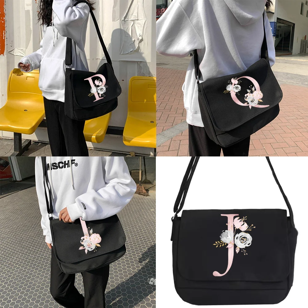 Crossbody Bag Canvas Shoulder Bags Diagonal Bag Youth Satchel Women Messenger Bags School Envelope Pouch Pink Flower Pattern