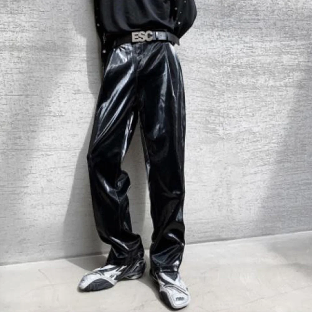 Mens Leather Pants Classy Trendy High Street Black Straight Motorcycle Pants Punk Style Chic Stage Trousers Men\'S Wear 2024