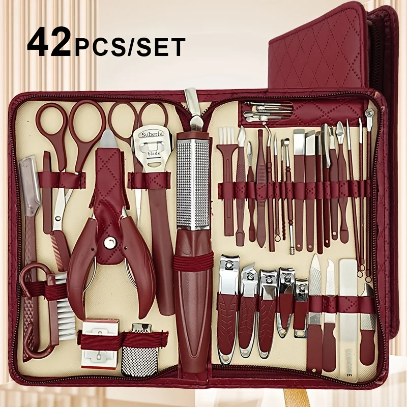 

42pcs Diamond Pattern Stainless Steel Manicure & Pedicure Set - Includes Nail Clippers, Eagle Beak Pliers, Ear Scoop