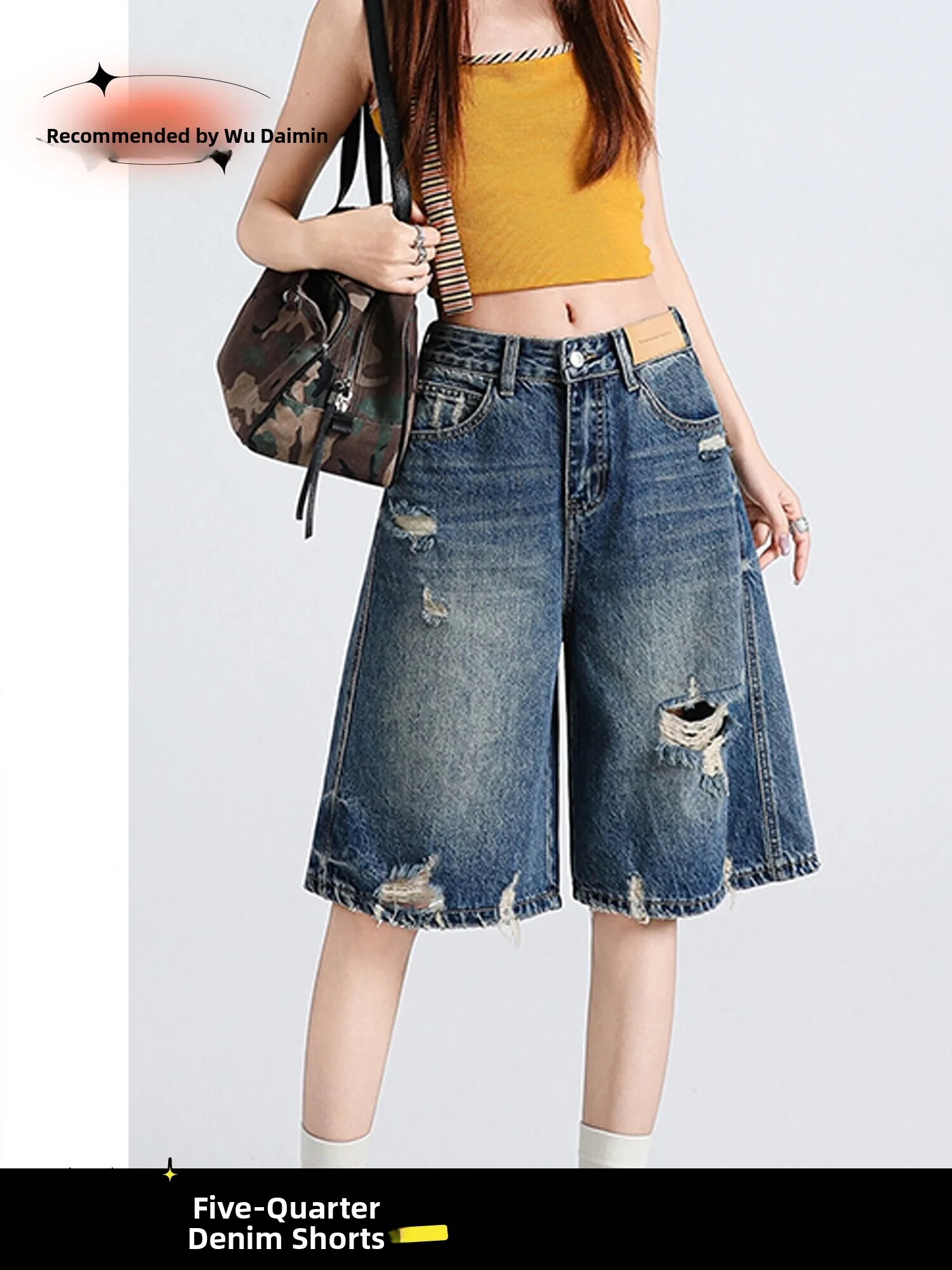 

Retro Hole Five-Point Denim Shorts Women's Summer New Loose Slim Straight 5-Point Mid-Pants High Waist Wide Leg Jeans