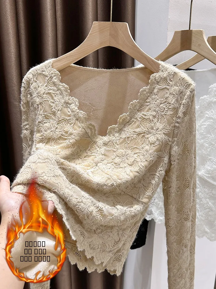 

Женская утепленная кружевная базовая блузка с V-образным вырезом, облегающая, для ношения под одеждой, модный дизайн, зимняя, теплая, с длинным рукавом, укороченная