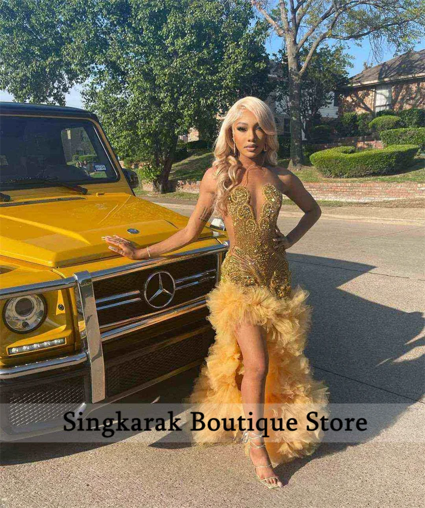 Sparkly Gold Prom Gown 2026 Bead Crystal Tiered Ruffles Vestidos De Festa Birthday Party Dress Graduation Party Customized