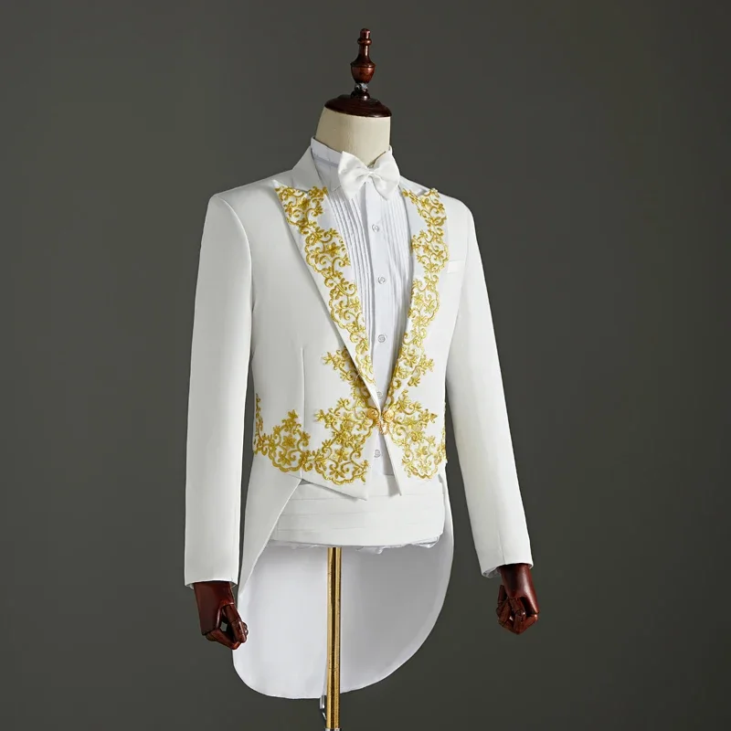 

2 Piece Wedding Suit (Jacket+Pants) White Embroidery Tailcoat Set Singer Host Swallowtail Costumes Magician Chorus Stage Suits