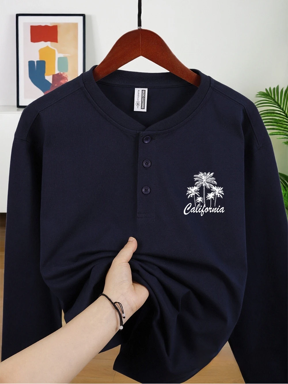 أشجار جوز الهند كاليفورنيا الطباعة الرجال هينلي قميص القطن الخريف الدافئة قميص طويل الأكمام تنفس القمم الأساسية الذكور تي شيرت