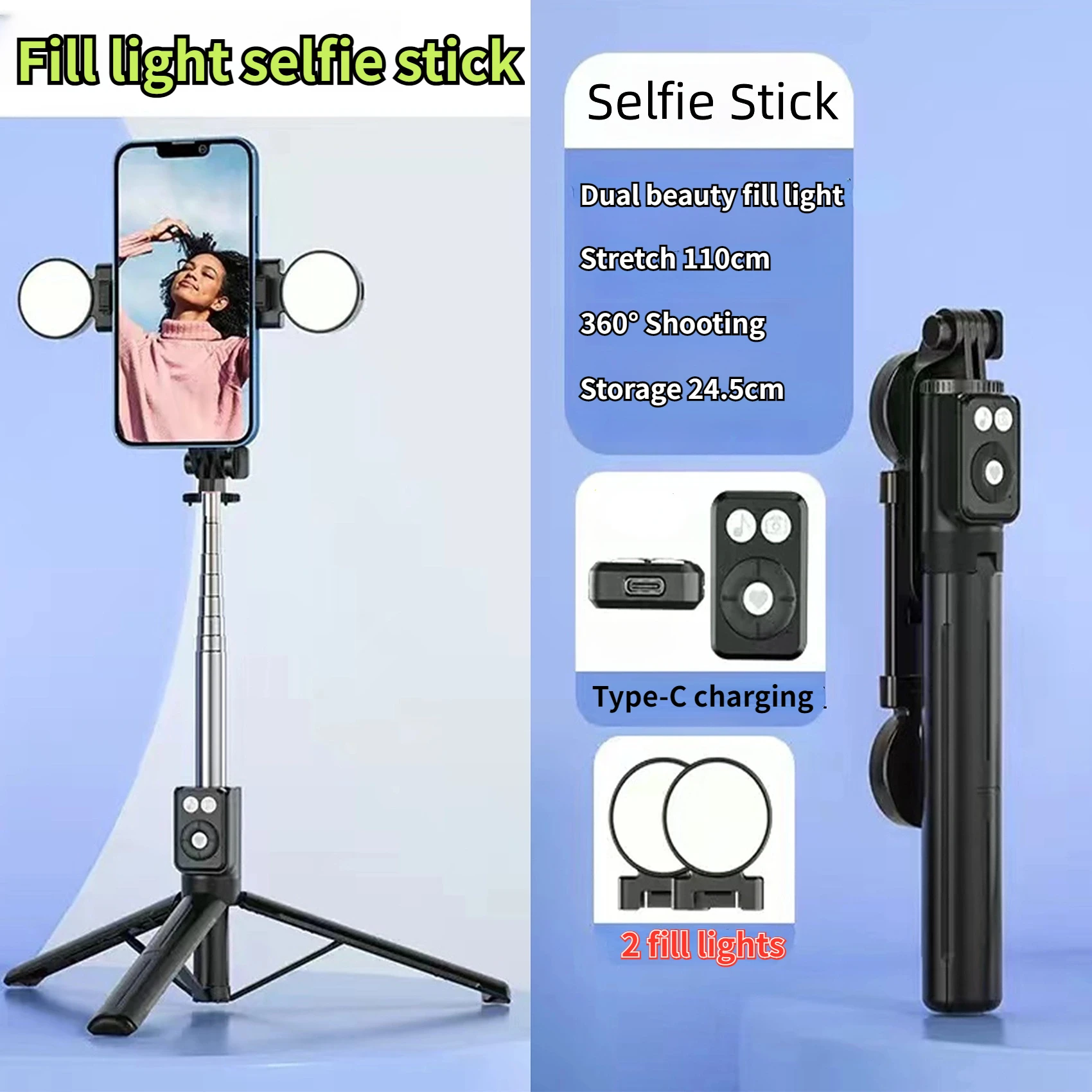 

JOCEEY Portable Foldable Selfie Stick With Remote Control, 1 Piece Adjustable Phone Selfie Tripod With LED Fill Light, Telescopi