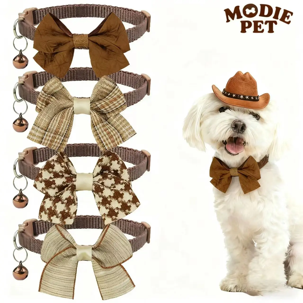 1/4 Uds. Collar marrón de invierno para perro, collares con lazo para cachorro, Chihuahua con campana, hebilla de seguridad ajustable, pajarita para gatos, accesorios para mascotas