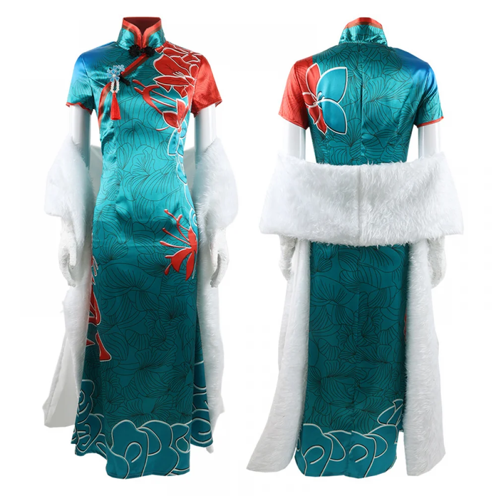 Anime Game Cosplay Costume The Geisha Michiko Dress Turquoise Green Cheongsam White Underrobe Accessory for Party Performance