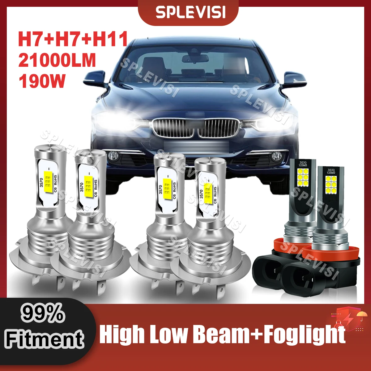 

LED Headlight H7 High Beam+H7 Low Beam+H11 Foglight Compatible For BMW 328i 2007 2008 2009 2010 2011 2012 2013 2014 2015 2016