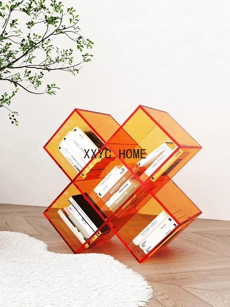 

Acrylic Magazine Storage Rack X-Shaped Bookshelf Home Living Room Side Table Floor Storage Display Cabinet
