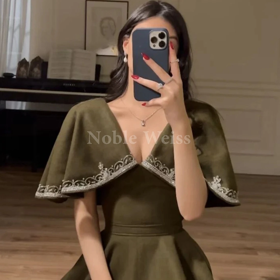 V-Neck Satin Tea-Length Prom Dress Elegant A-Line Party Gown Customize