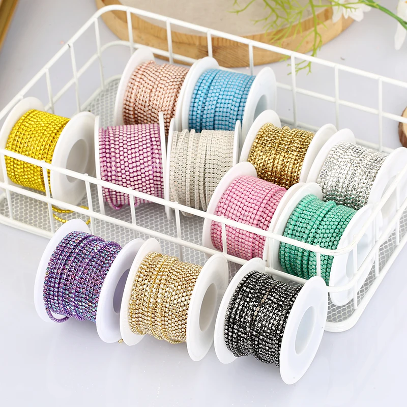 SS6 2mm 1 yard Pink /Green/Blue Opal Glass Rhinestone Cup Chain Glitter Crystal Rhinestone Trim For DIY Wedding Dress Decoration