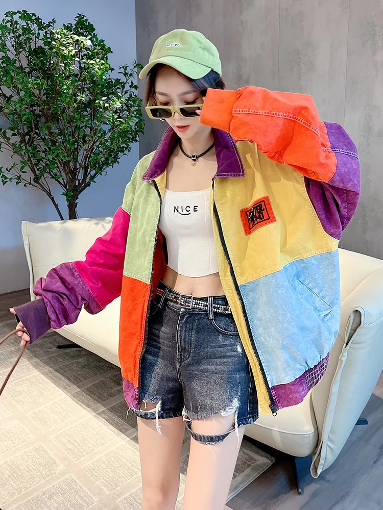 Streetwear Women\'s Spring Retro Baseball Jacket 2023 New Chic Bomber Jackets Loose Polo Collar Long Sleeve Zopper Parka Coat