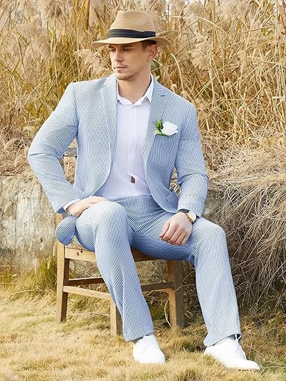 Tesco Men's 2 Piece Suit Slim Fit Striped Suit Lightweight Breathable Customized Suit Jacket and Pants Set for Beach Wedding