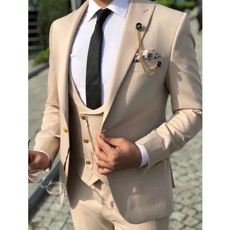 Beige Men's Suits Custom Slim Fit 3 Piece Italian Style Custom Wedding Groom Tuxedo Business Fashoin Suit (Jacket+Pant+Vest)