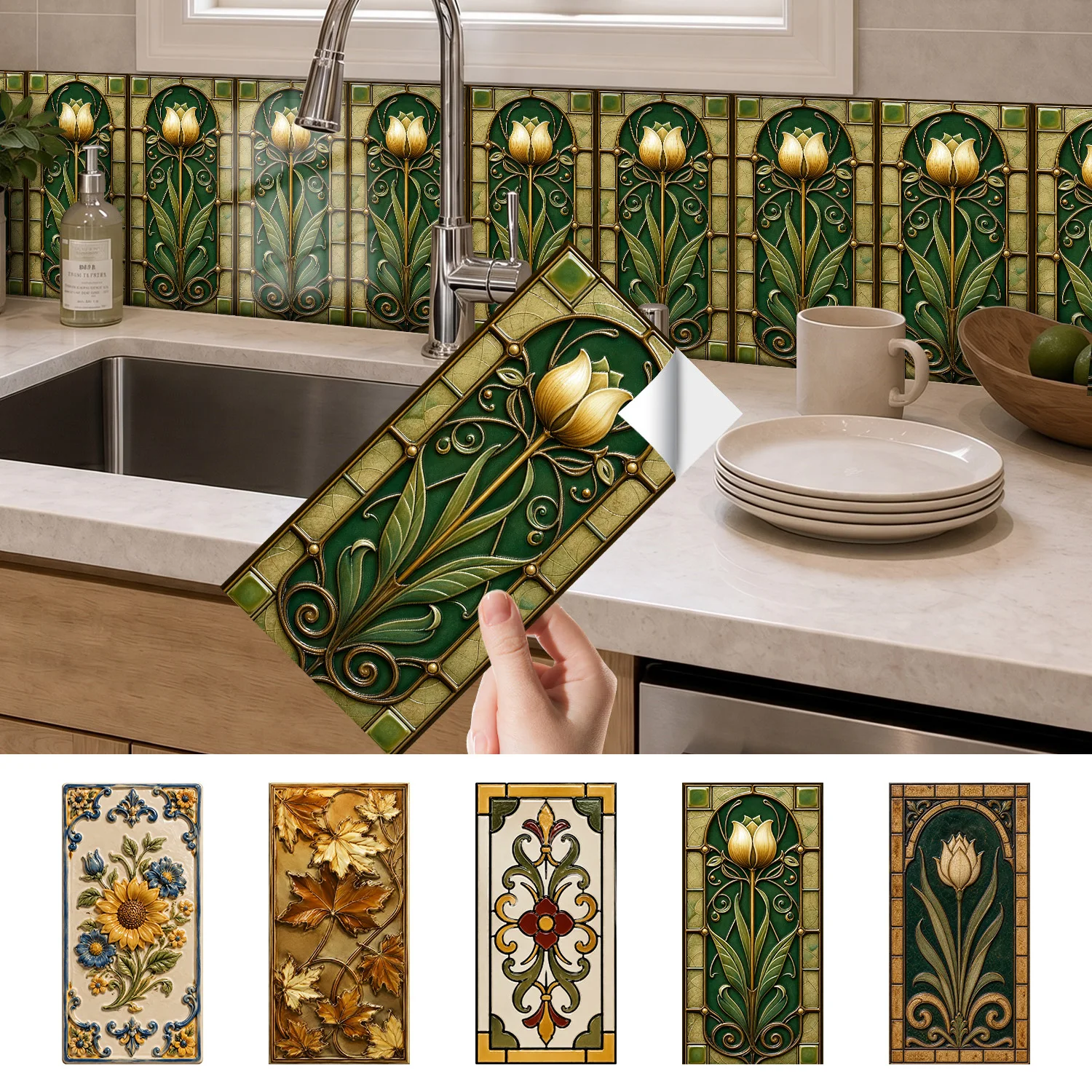 Art Nouveau Flower Wall Tile Decals Self‑Stick 5.5x11 Inch Waterproof Decor For Living Room Bedroom Wall Refurbishment
