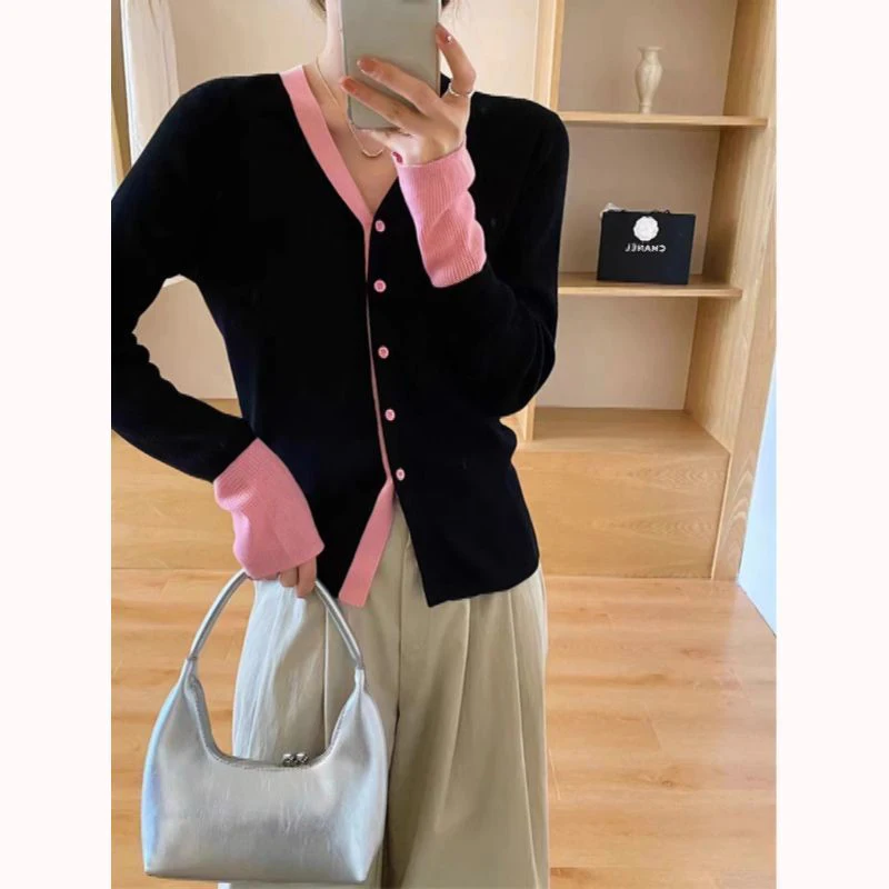 Autumn Winter V-neck Slim Patchwork Cardigan Jumpers Female Long Sleeve Casual Simple Fashion Buttons Knitting Top Women Coat