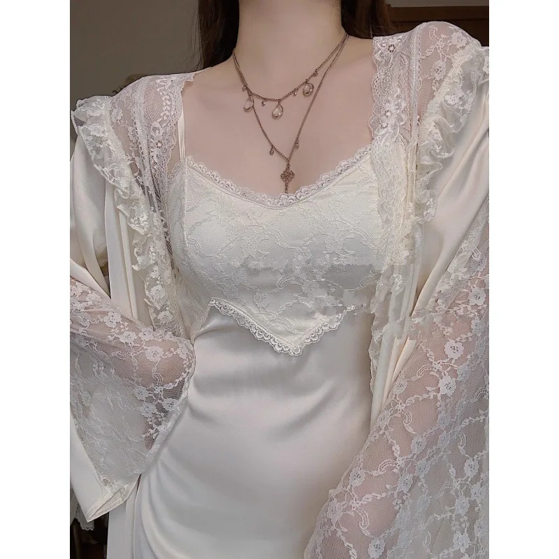 Silk Robe Gown Sets Women Gentle Lace Design Elegant Sleepwear Skin-friendly French Style Daily Aesthetic Home Females Lounge