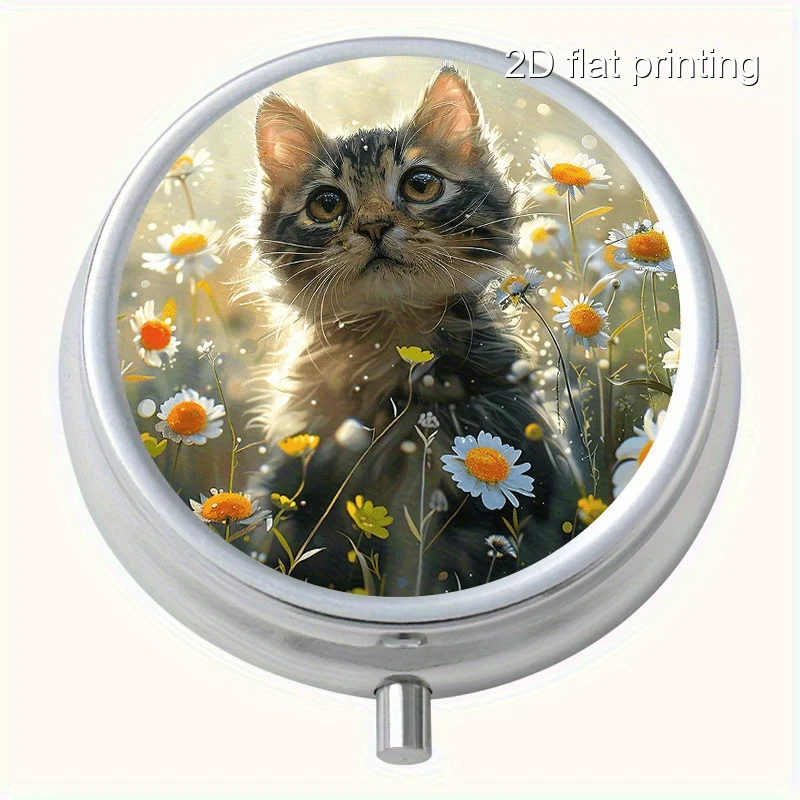 Daisy and Raccoon Creative Printed Pattern Round Metal Box with 3 Compartments, Portable Mini Metal Box, Vitamin Metal Box, Portable Metal Box for Home and Travel, Multifunctional Sorting and Storage Box, Decorative Earrings and Jewelry Multi-Compartment Storage Small Metal Box, Sealed and Moisture-Proof, Unique Holiday Gift for Family and Friends