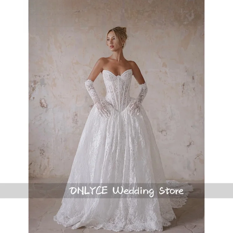 Custom White Strapless Sweetheart Neck Lace Corset Wedding Dress A Line Bridal Gown Floor Length Formal Evening Wear