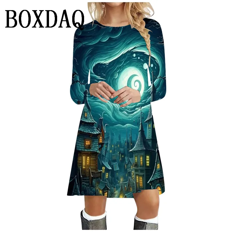 2024 Autumn Winter Dresses Womens Boho Pattern Print Vintage Dress Long Sleeve Oversized Clothing Loose Casual O-Neck Mini Dress