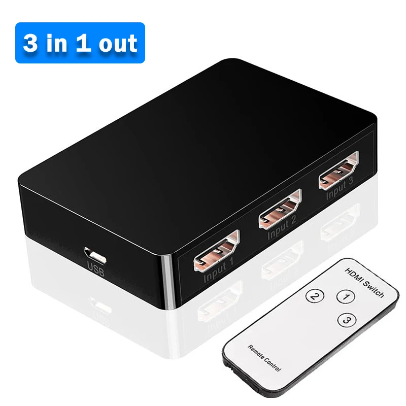 3x1 HDMI Switch 3 in 1 out 1080P HDMI Video Signal Switcher Selector Adapter with Remote Control for PC Laptop DVD TV Monitor