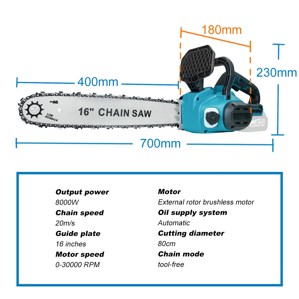 Kamolee 16-Inch 8000W Brushless Electric Chainsaw - Self-Oiling, Woodworking Power Tool Compatible with Makita 18V Battery