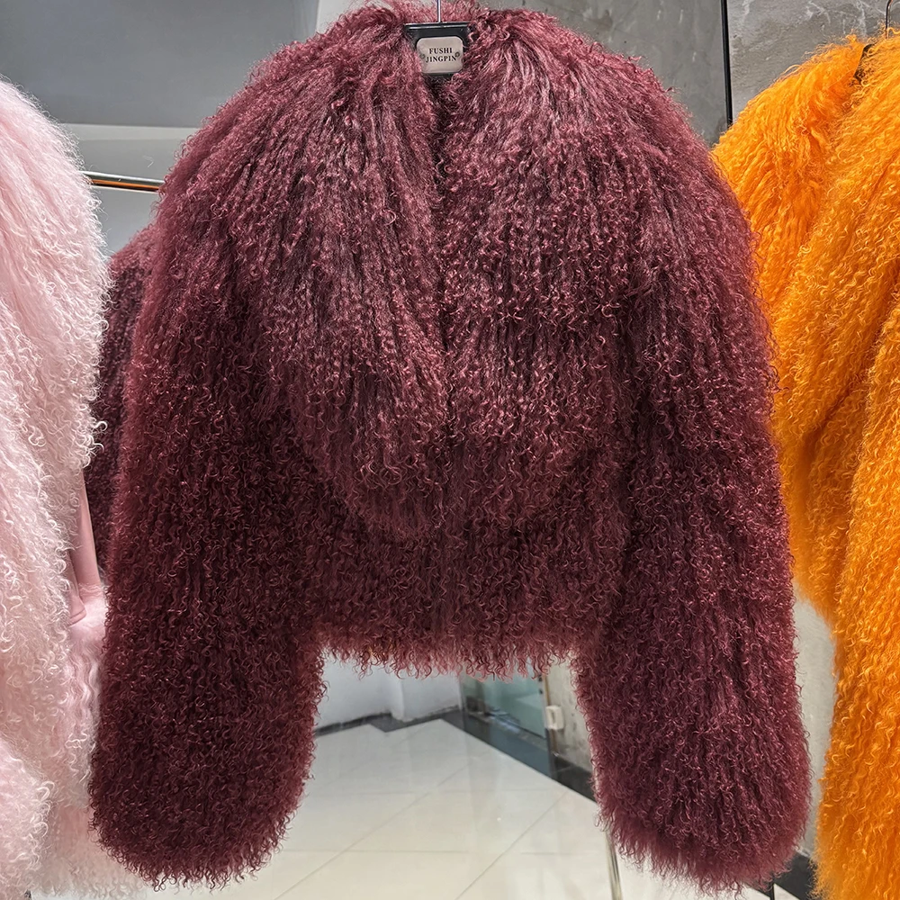 YOLOAgain 2025 Winter Elegant Real Mongolia Sheep Fur Jacket Women Short Fur Coat Female Outerwear