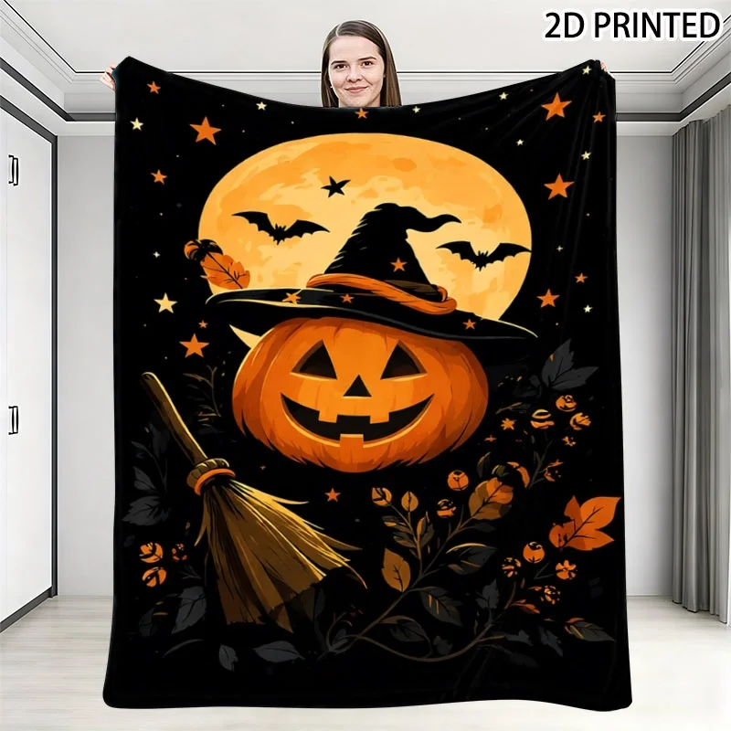 Halloween Throw Blanket, Spooky Cheerful Jack-O'-Lantern And Glowing Full Moon Print, Multiple Specifications Available, Cozy Wa