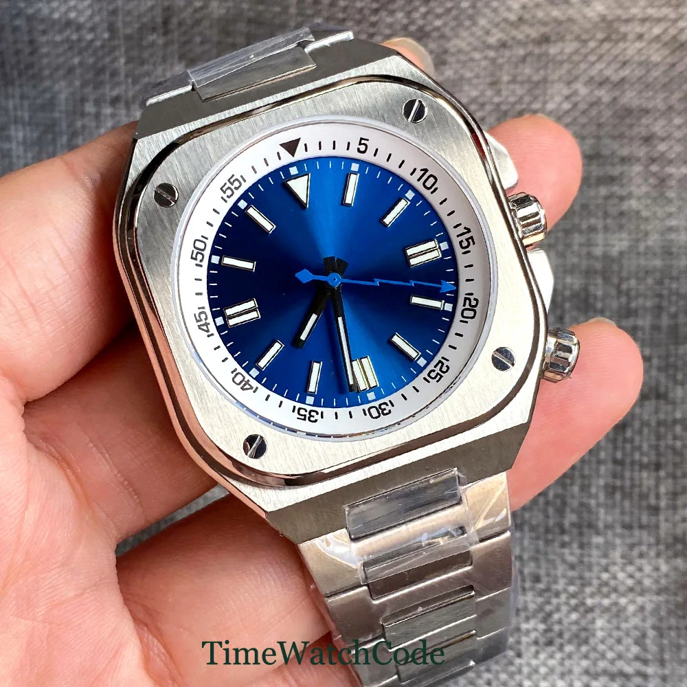 

Tandorio Automatic Men‘s Watch 42mm NH35 Movement Square Case Sapphire Glass Blue Dial Rotating Chapter Ring Screw Down Crown