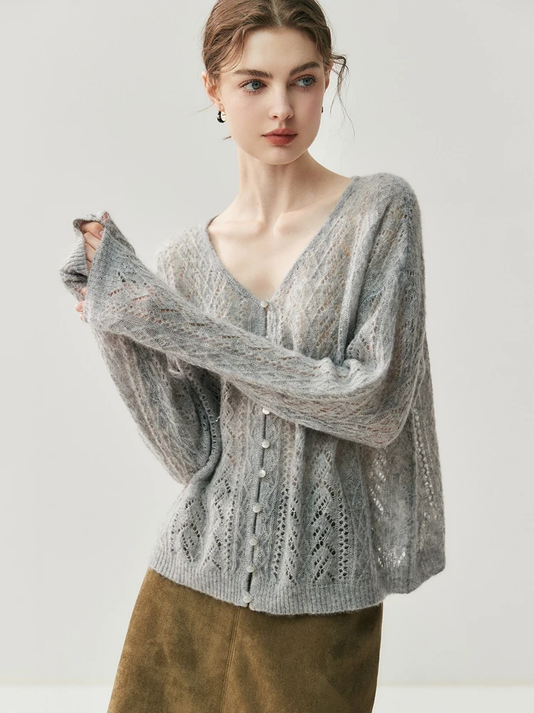 

CHICUU Women Hollow V-neck Cashmere Cardigan Spring Autumn 100% Cashmere Sweater High Quality Soft Comfy Cashmere Knitwear