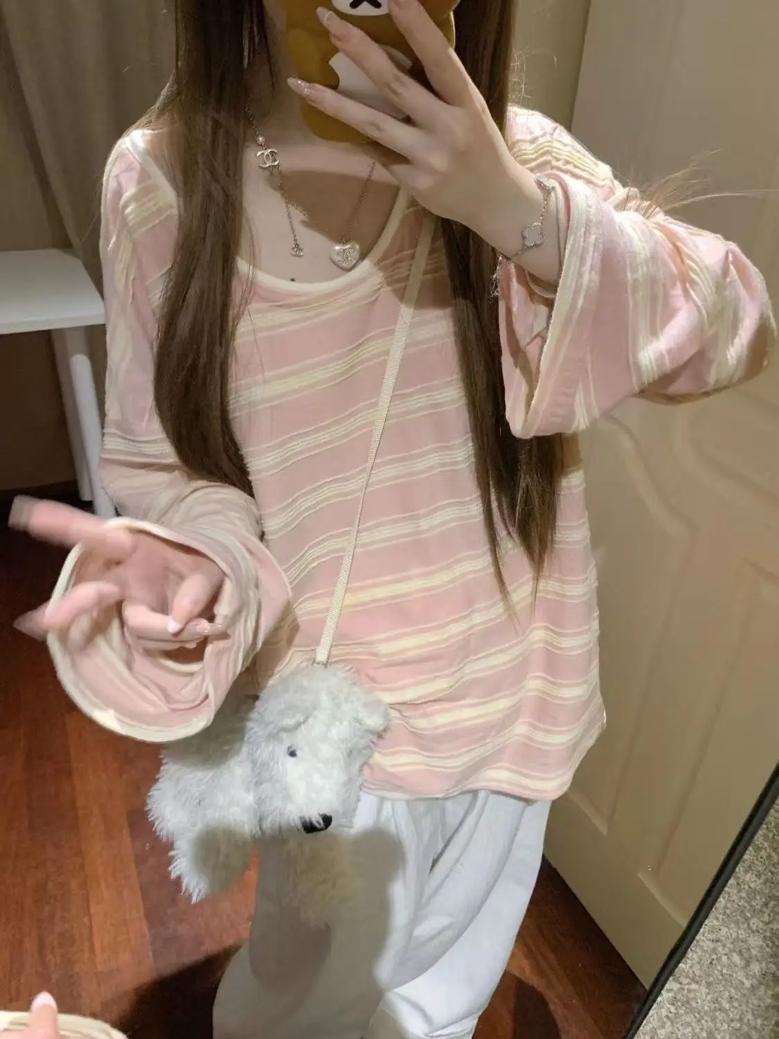

Japan Sweet Pink Striped Long-Sleeved T-Shirt For Women Autumn Relaxed And Lazy Thin Blouse Top