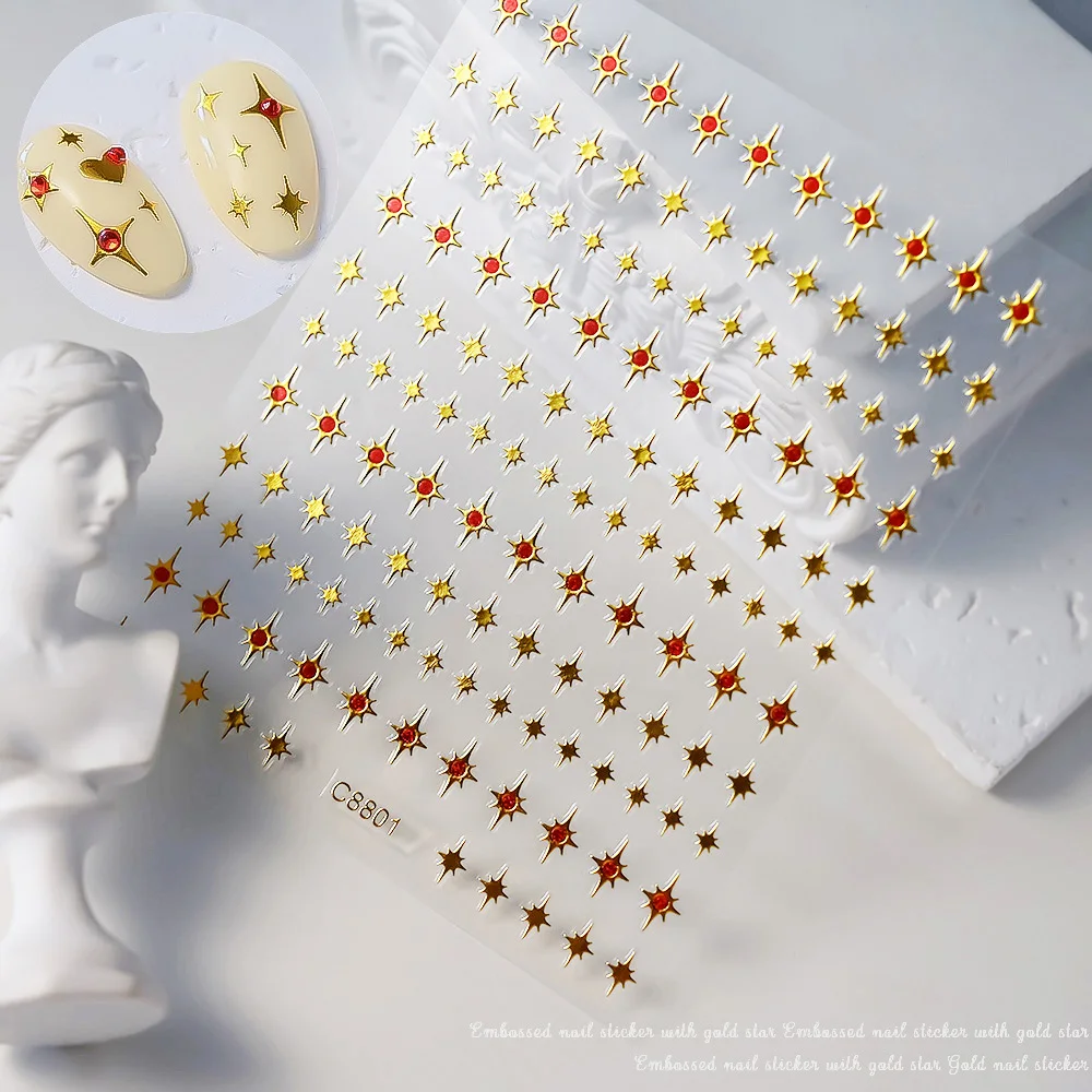 3D Bronzing Gold Star/Cross Glossychic Nail Sticker With Imitation Red Diamond Adhesive Starlight Decal DIY Y2K Star Nail Slider