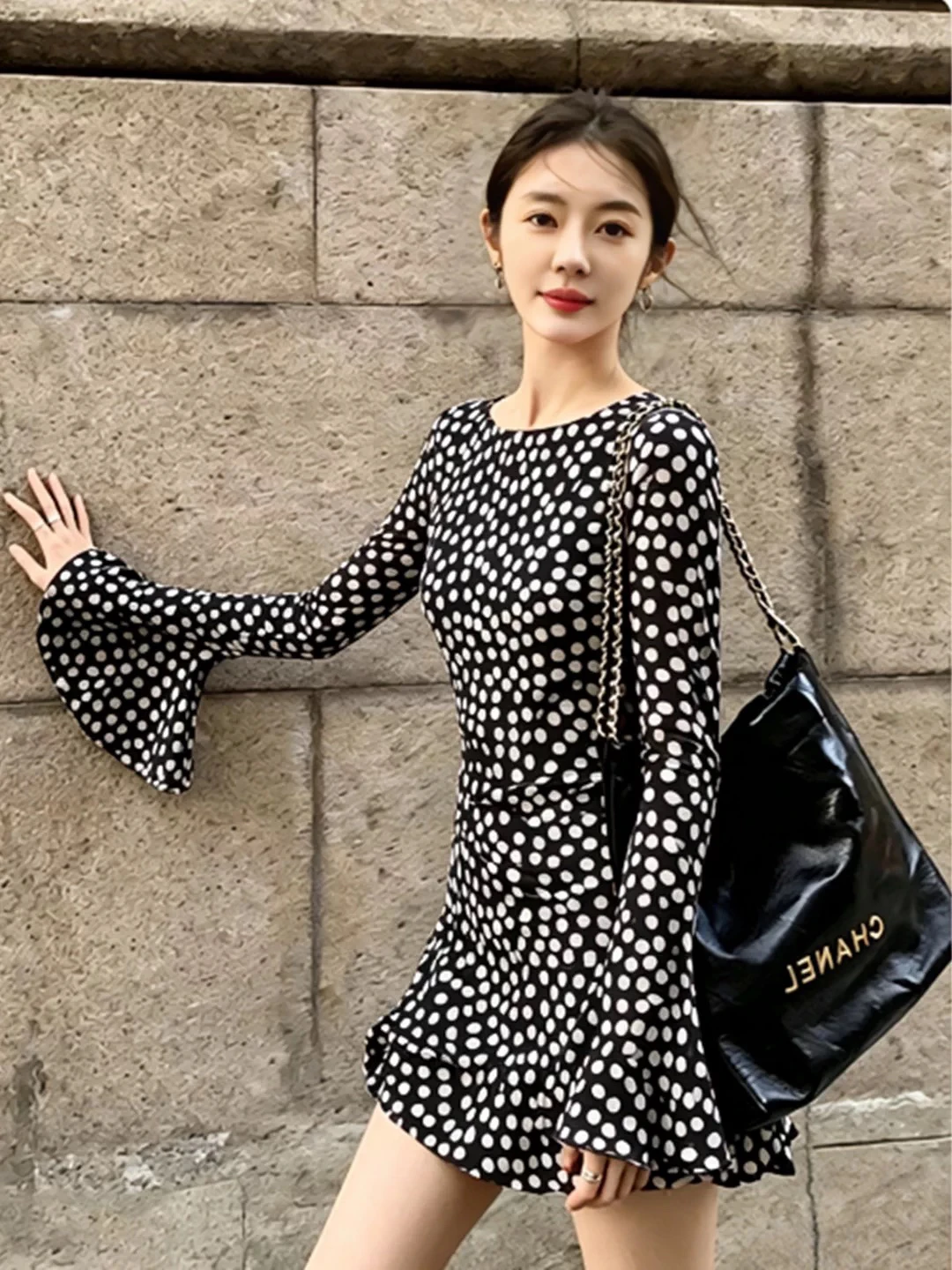 Vacation Tie Dye UV Protection Polka Dot Print Flared Sleeve Dress Women's Summer A-Line Skirt Style Long Sleeve round Neck D...
