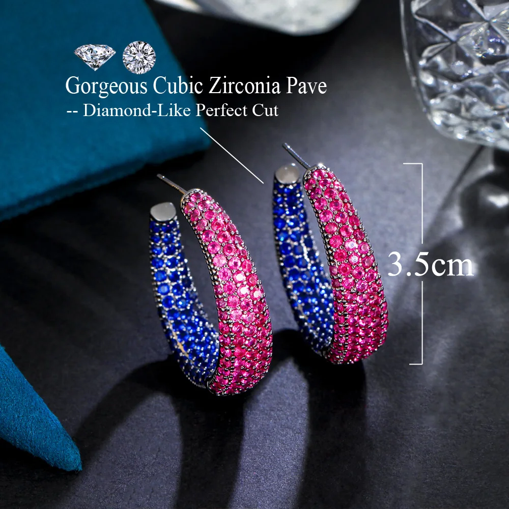 CWWZircons Luxury Red Blue Cubic Zirconia Pave Big Round Circle Hoop Earring Engagement Party Jewelry Gift for Women CZ807