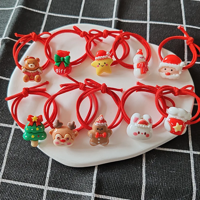 10pcs Cute Cartoon Christmas Elk Elastic Hair Bands Rubber Hair Rope Tie Girls Hair Scrunchie Ponytail Holder Gum Accessories