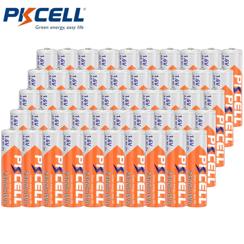 PKCELL 50PC AA 2500mWh 1.6V Double A Battery High Performence Battery 2500mWh Ni-Zn AA Rechargeable Batteries For Remote Control