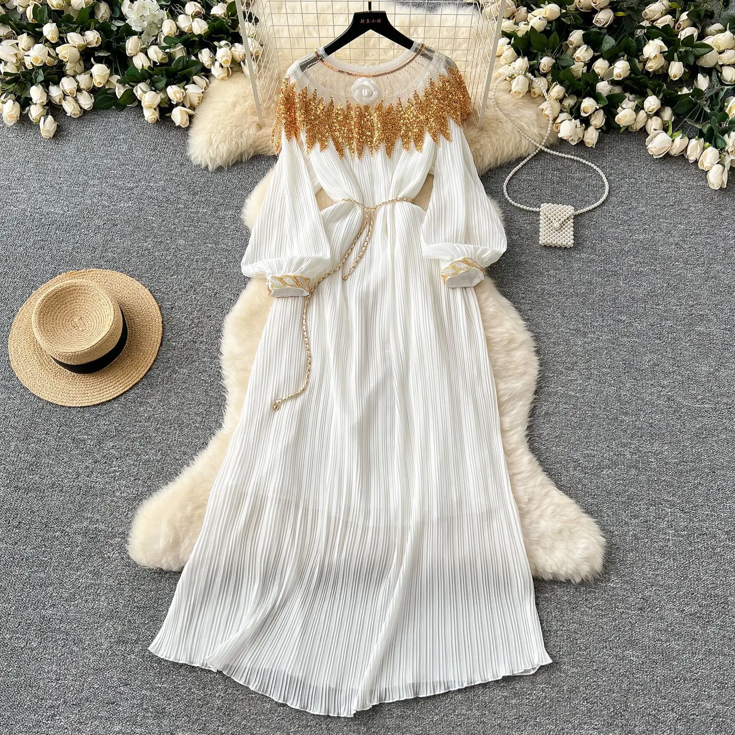 

Long Pleated Dress Women Sequin Dresses A Line Vestidos Streetwear Party Wedding Puff Sleeve Lace Up High Waist Y2k 2025 Night