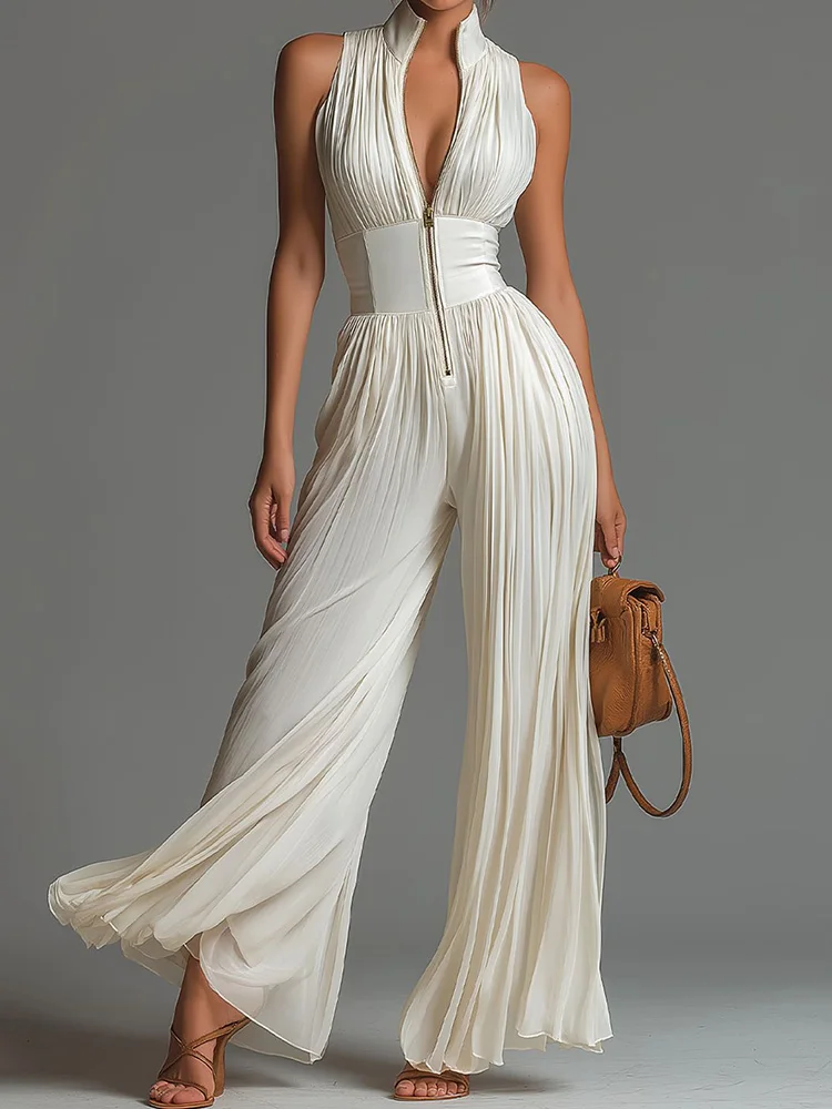 Women's Stand Collar Sleeveless Patchwork Jumpsuit Summer Elegant Chic Playsuit Wide Leg Pants Fashion Bodysuit Streetwear 2026