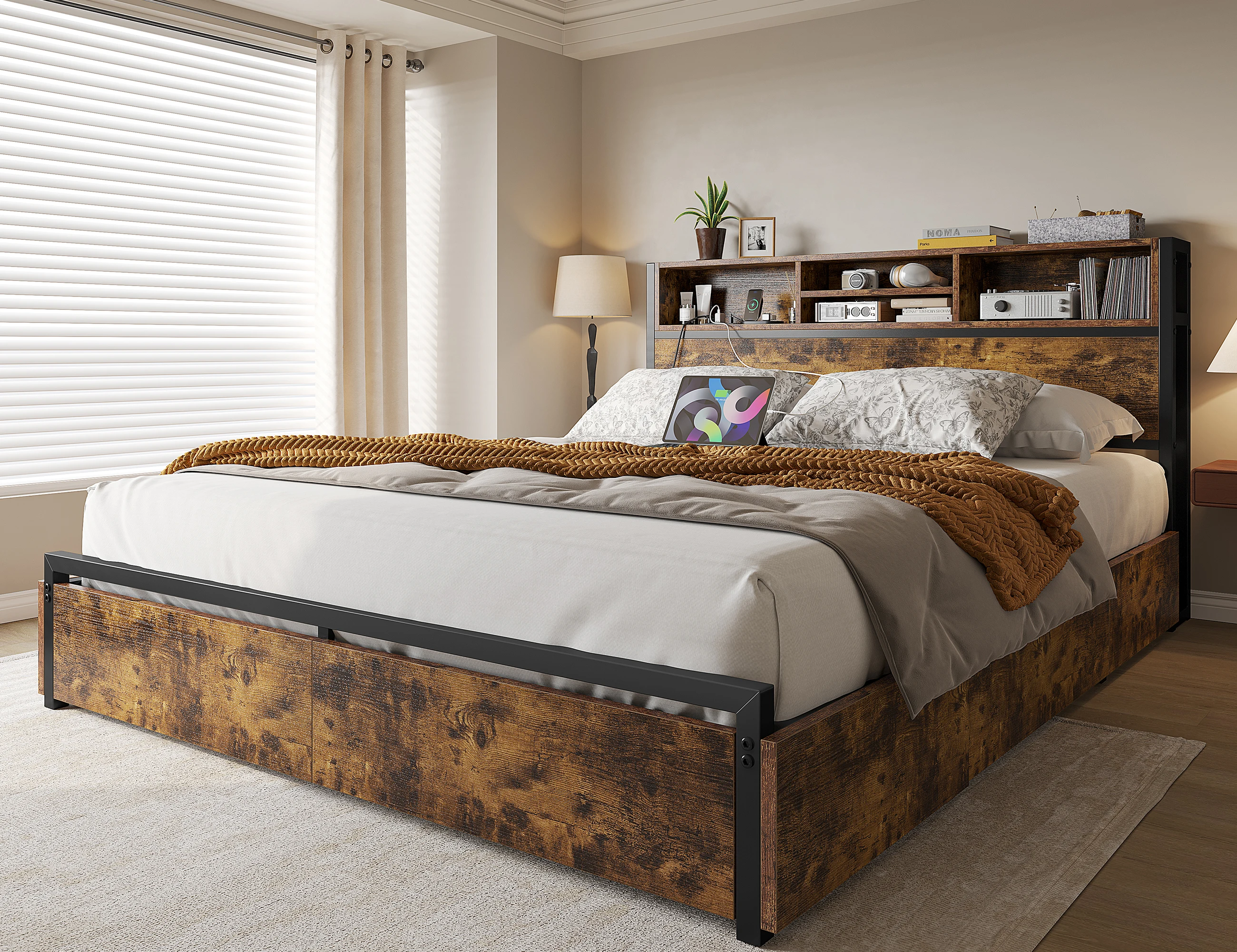 EnHomee Full/Queen/King Bed Frame with 6 Storage Drawers & Charging Station Metal Platform Bed Frame with Bookcase Headboard,No Noise