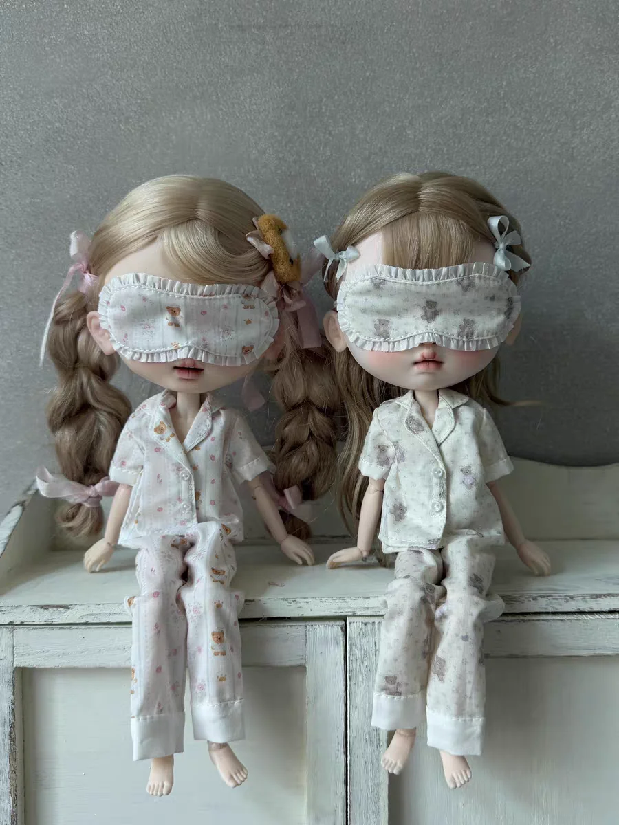 Blythe Baby Dress Red Bear Pattern Short Sleeve Shirt+Pants+Eye Mask 3-Piece Set Home Clothes 19 Joint Wearable Azone