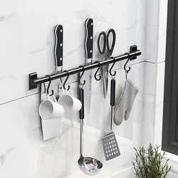 Space Aluminum Kitchen Hooks Organizer Wall Mounted Kitchen Ware Hooks Black Hole-Free Kitchen and Bathroom Hanging Rod Shelves