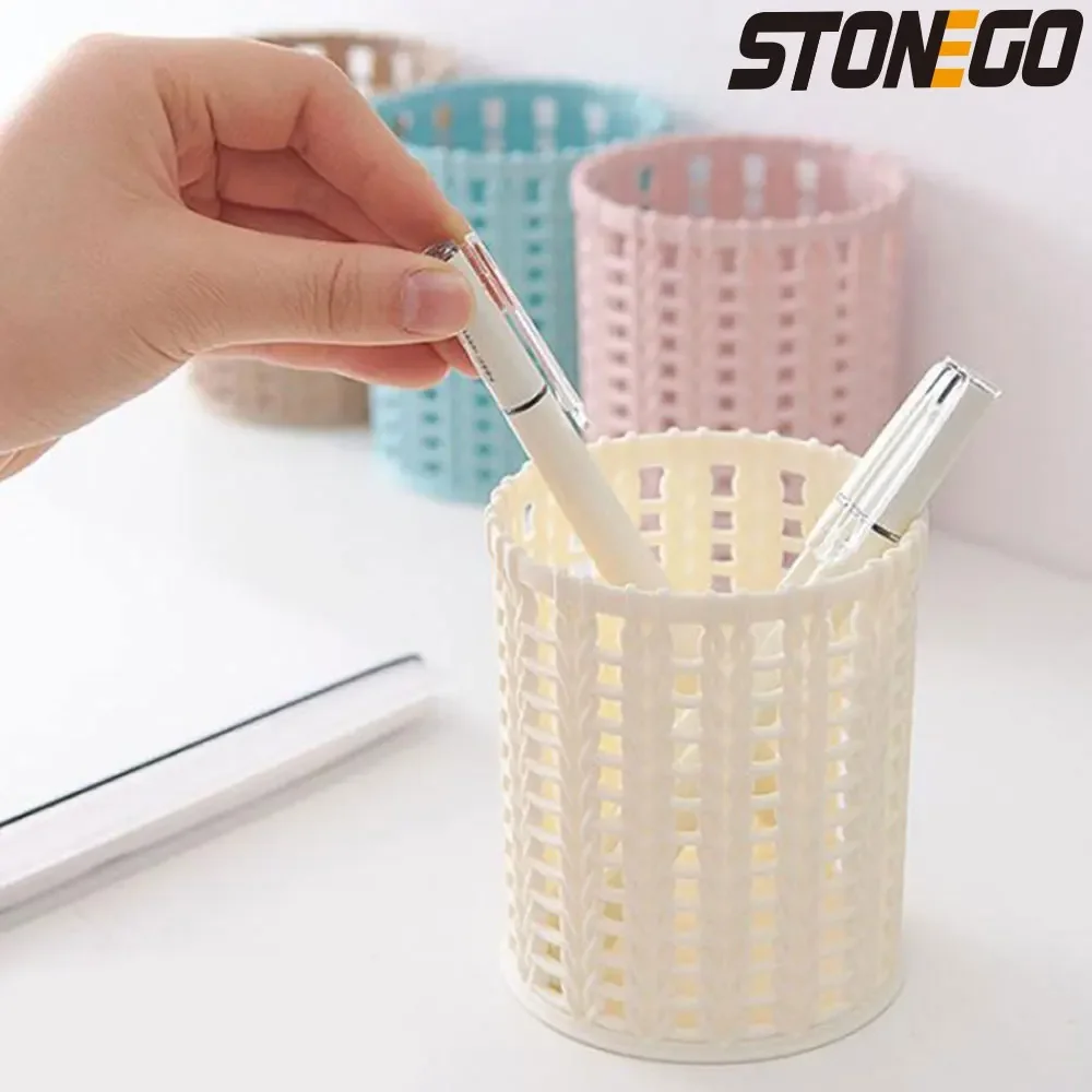 Imitation Rattan Plastic Pen Holder Round Desk Organizer Office Stationery Student Supplies Storage Bucket